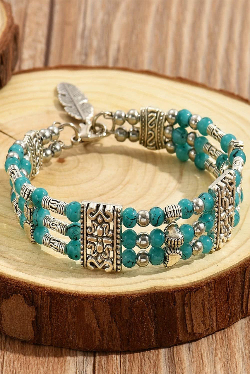 Green Boho Turquoise Beaded Geometric Carved Feather Bracelet
