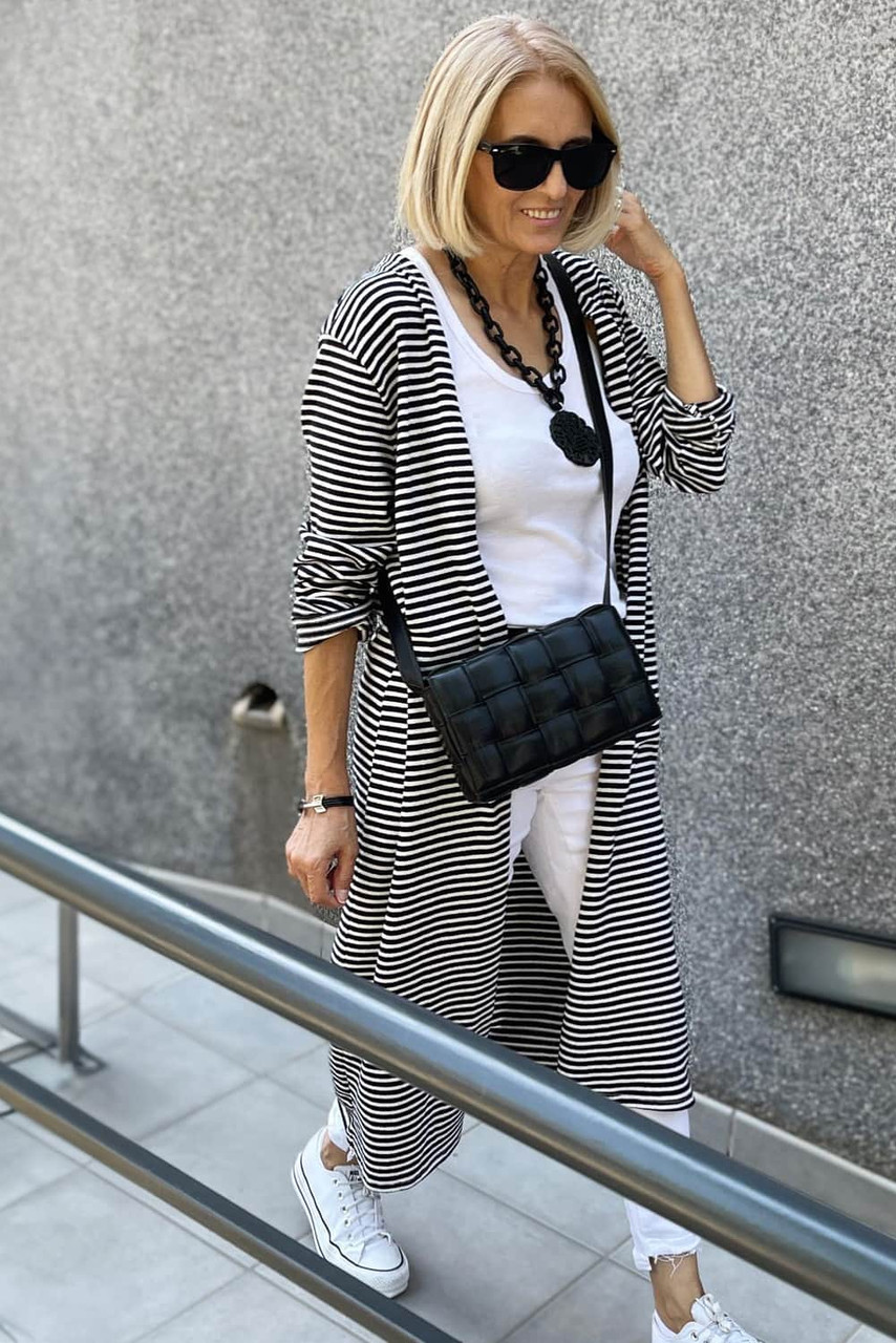 Stripe Open Front Long Cardigan