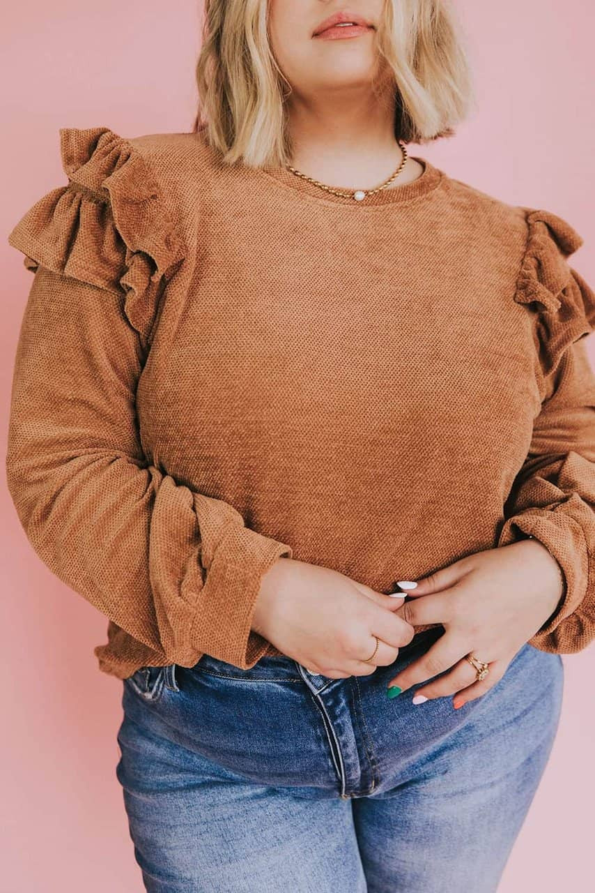 Brown Plus Size Solid Ruffled Tiered Long Sleeve Top Brown Plus Size Solid Ruffled Tiered Long Sleeve Top