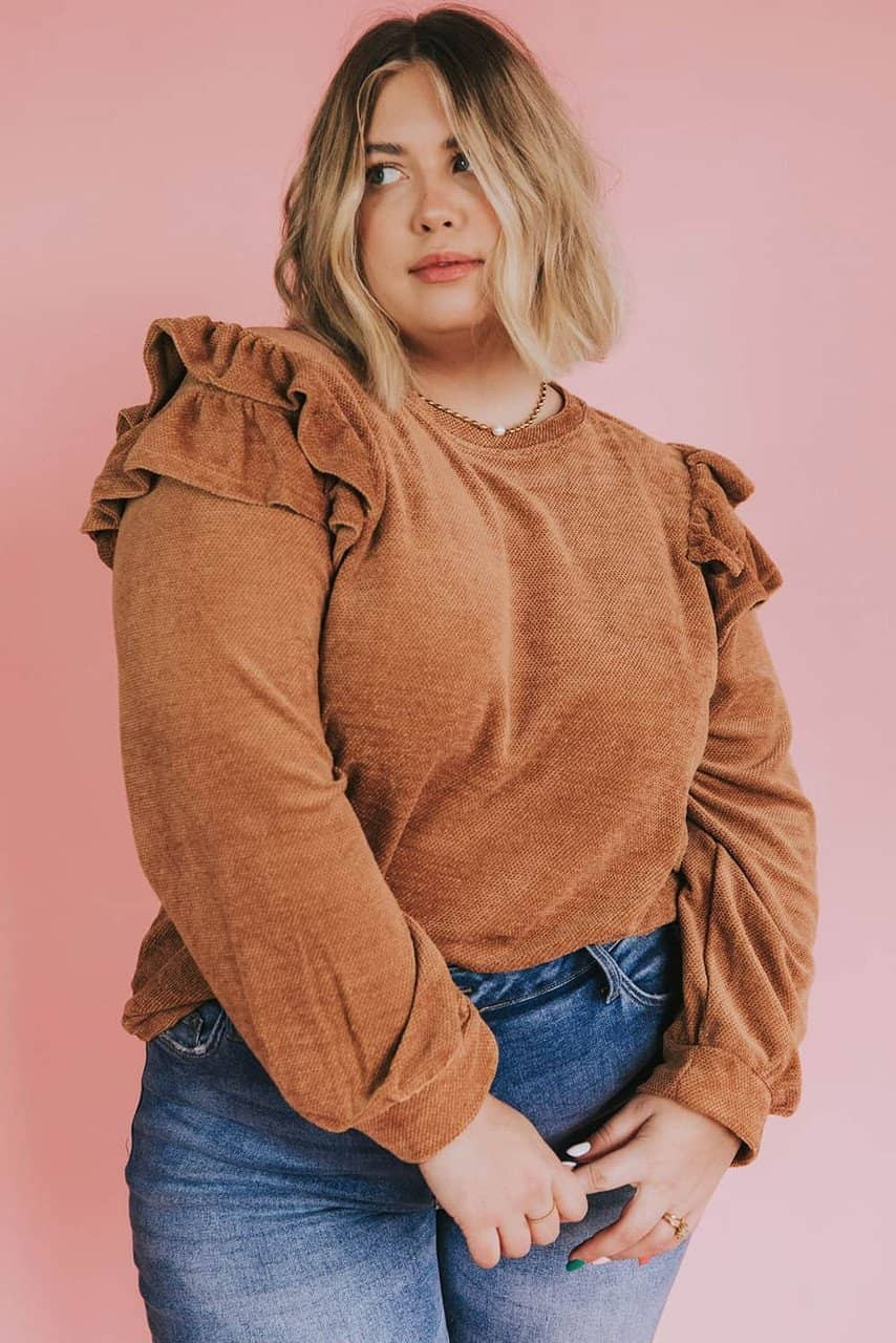 Brown Plus Size Solid Ruffled Tiered Long Sleeve Top Brown Plus Size Solid Ruffled Tiered Long Sleeve Top