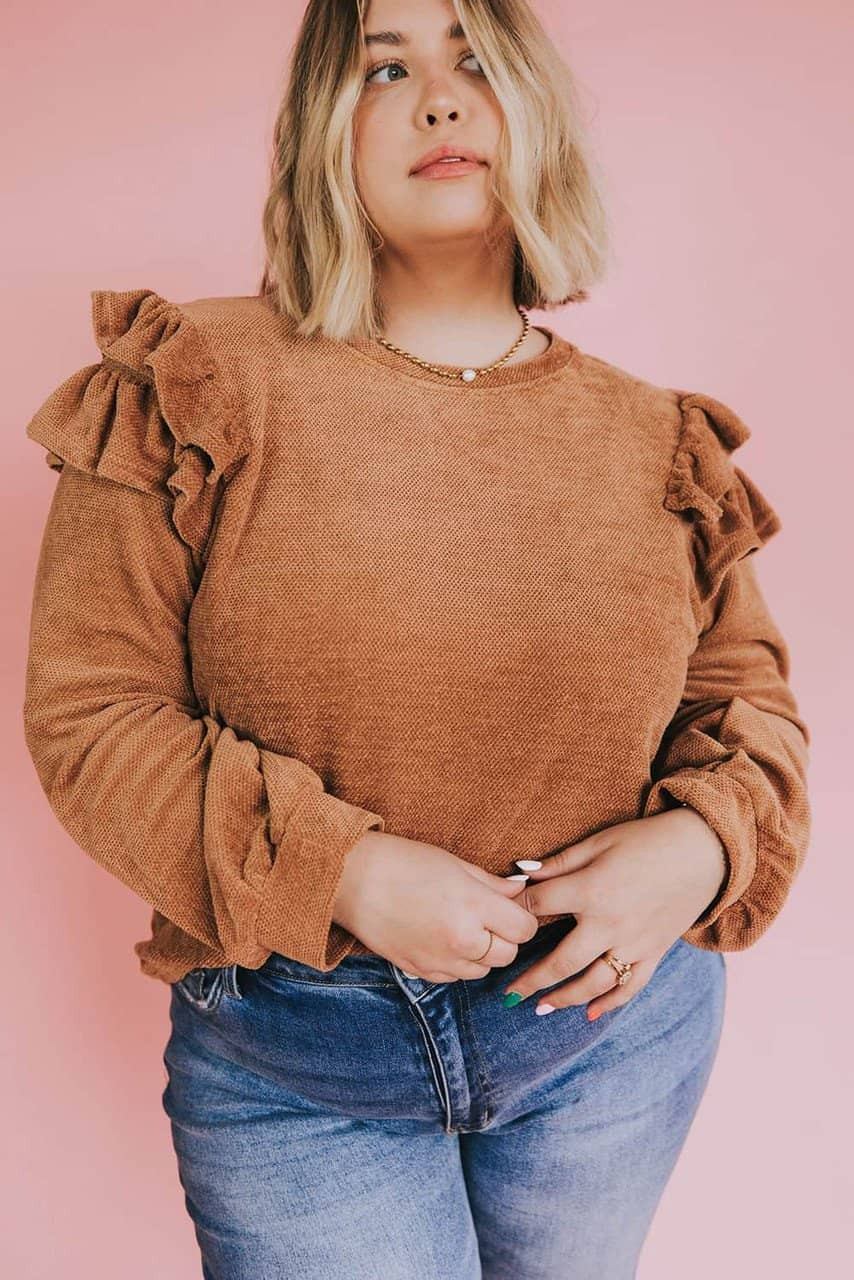 Brown Plus Size Solid Ruffled Tiered Long Sleeve Top Brown Plus Size Solid Ruffled Tiered Long Sleeve Top