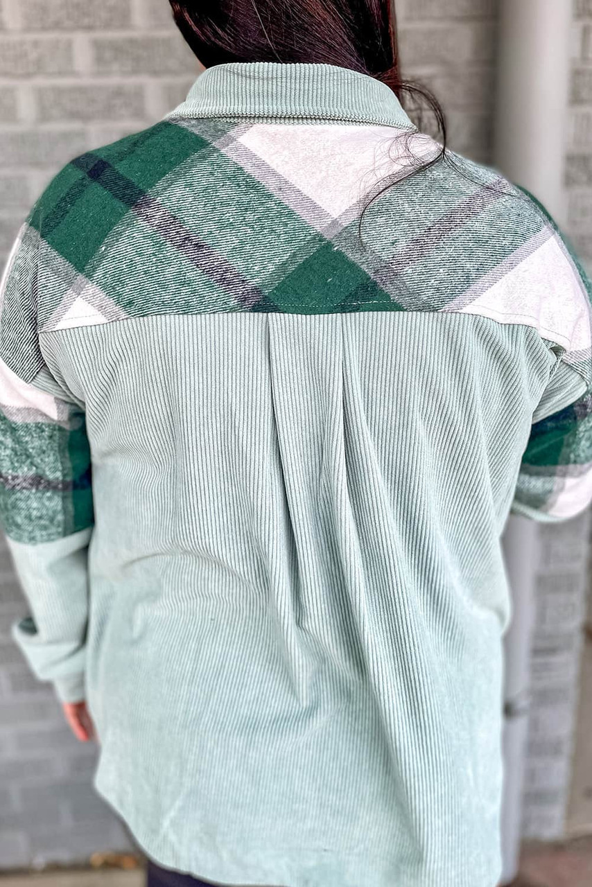 Green Plaid Patchwork Plus Size Corduroy Shacket