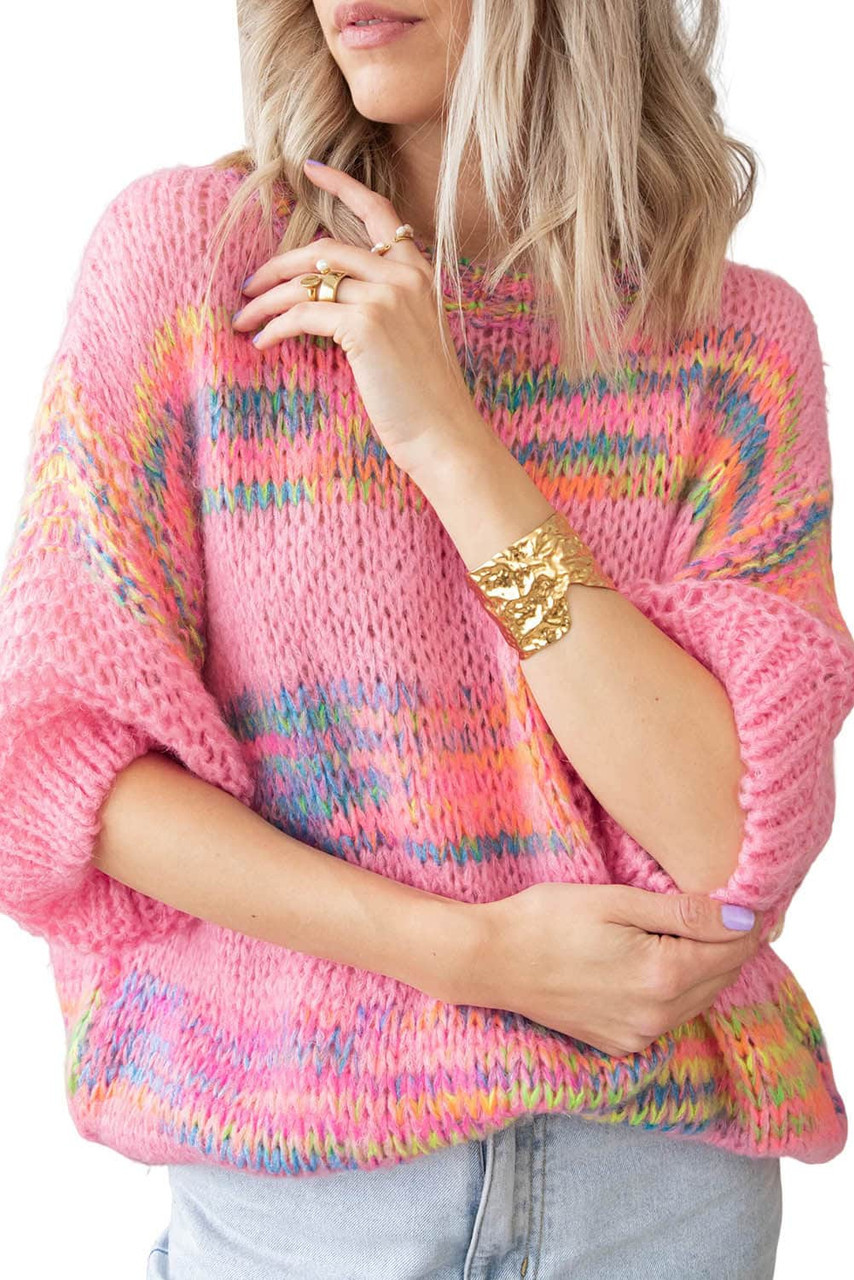 Rose Colorful Stripes 3/4 Sleeve Loose Sweater