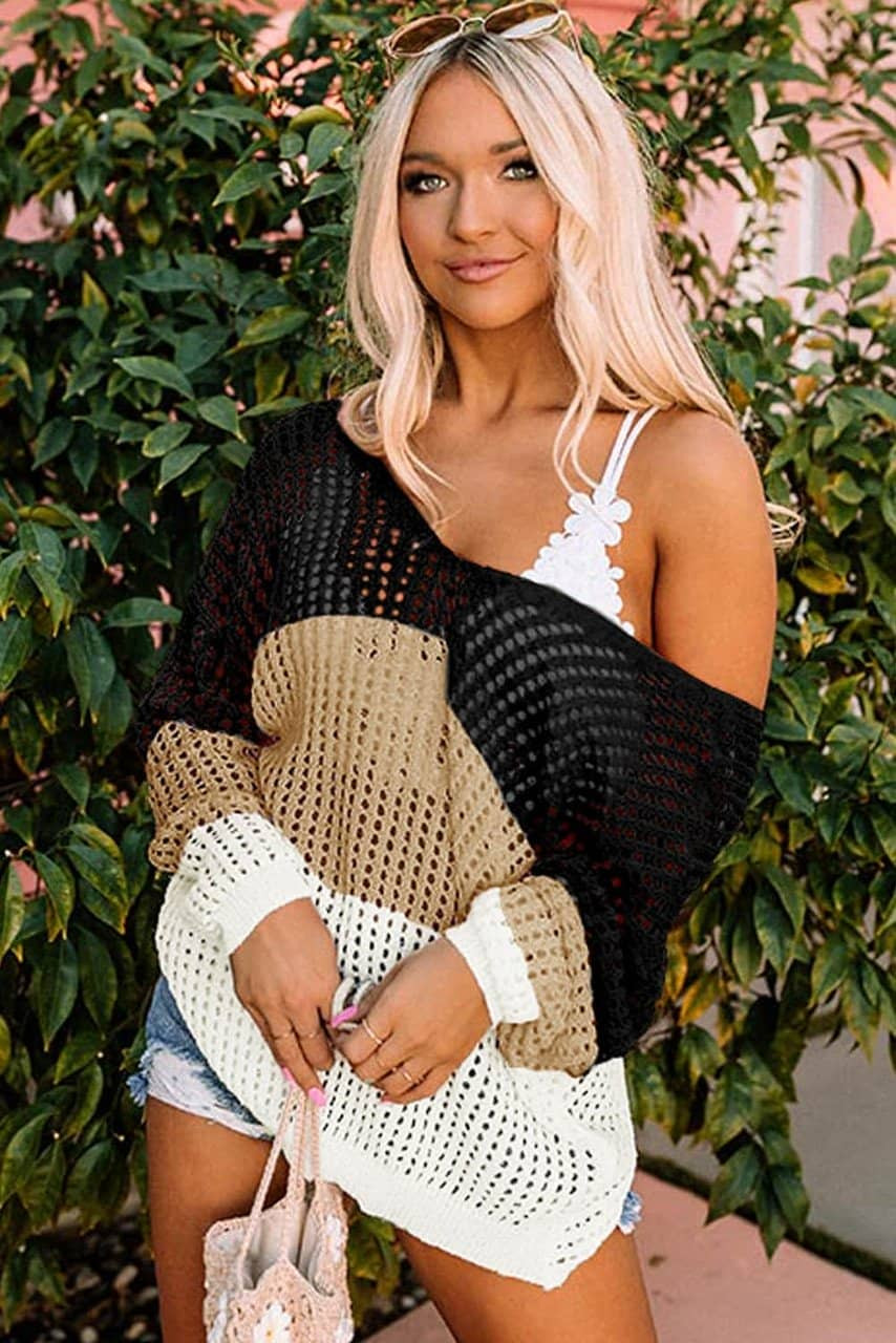 Black Color Block Eyelet Long Sleeve Twisted Back Knit Top