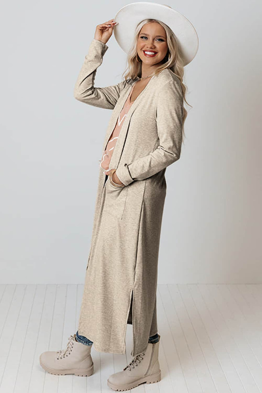 Apricot Open Front Pocketed Duster Cardigan with Slits