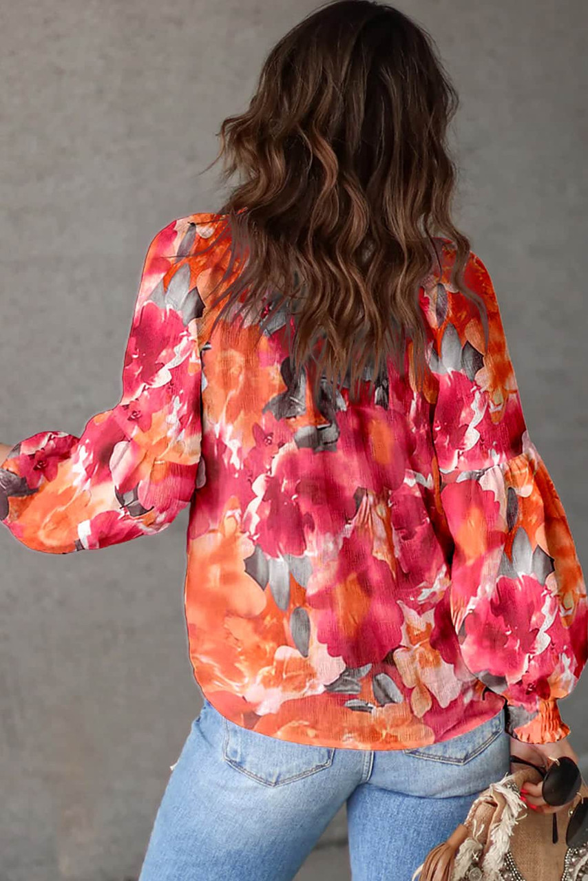 Red Floral Print Split Neck Tassel Tie Blouse