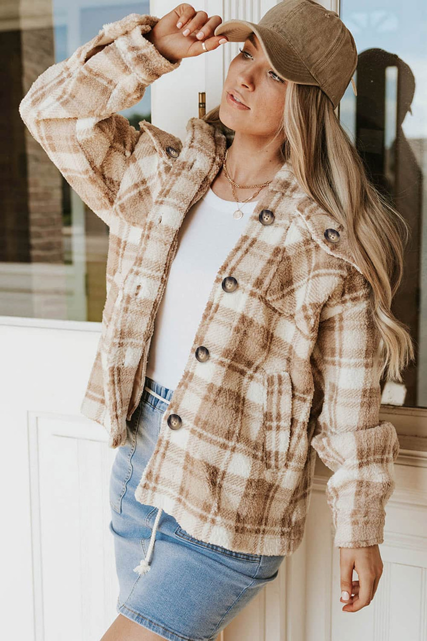 Khaki Sherpa Plaid Button Pocketed Jacket