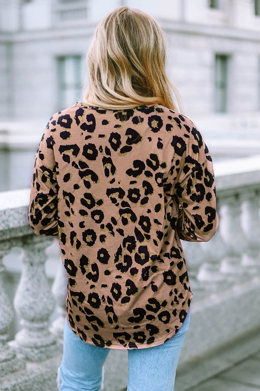 Brown Leopard Split Joint V Neck Long Sleeve Tops