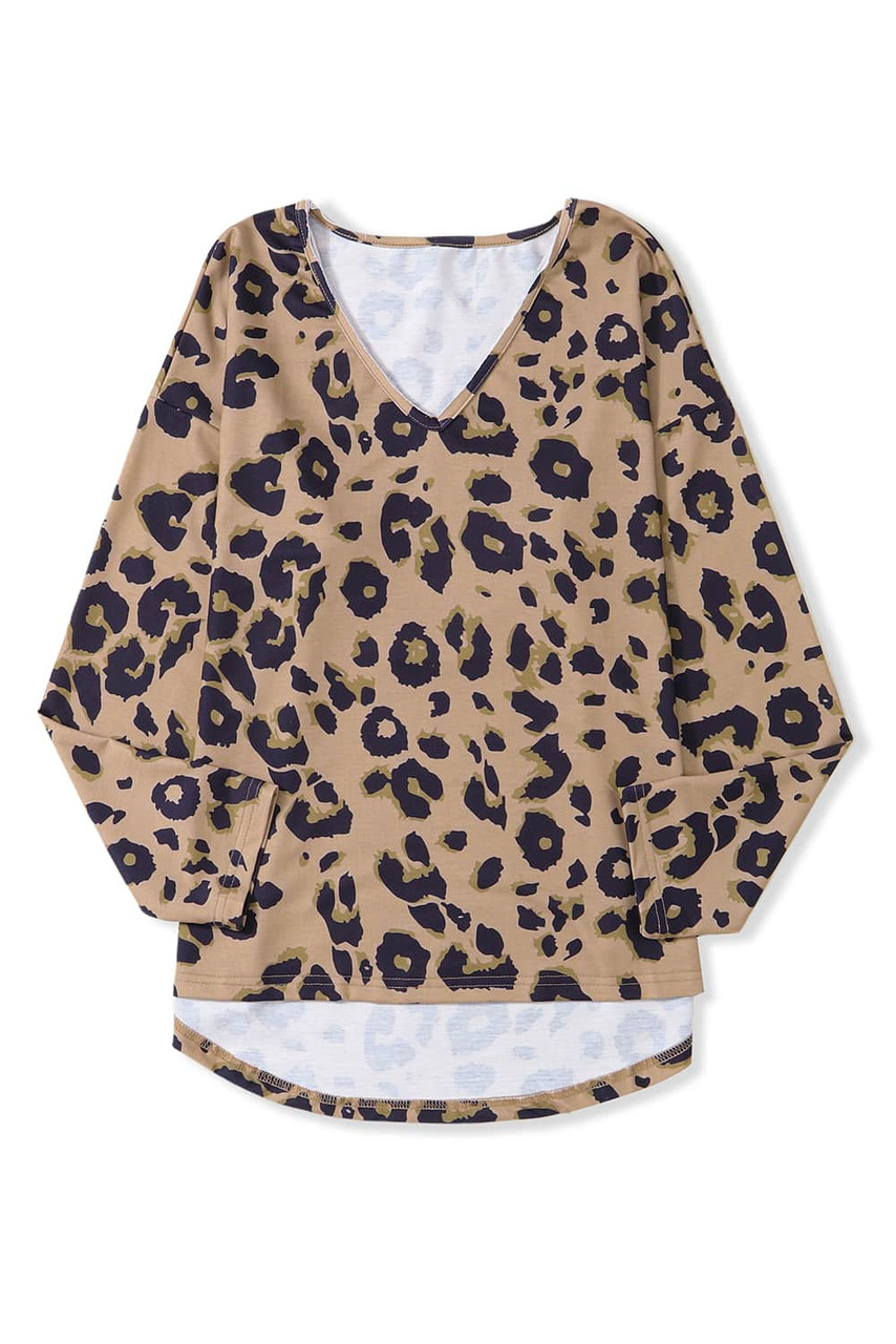 Brown Leopard Split Joint V Neck Long Sleeve Tops