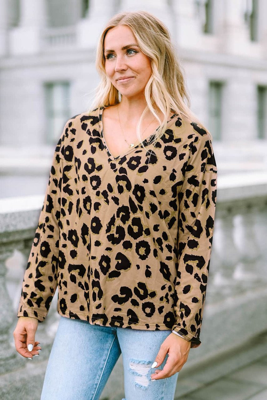 Brown Leopard Split Joint V Neck Long Sleeve Tops Brown Leopard Split Joint V Neck Long Sleeve Tops