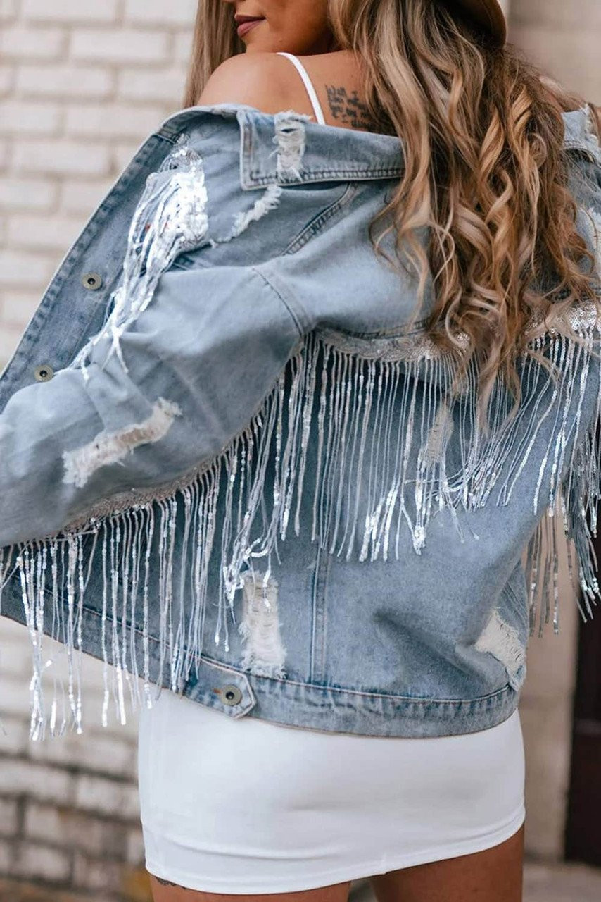 Sky Blue Sequin Embellished Fringe Distressed Denim Jacket Sky Blue Sequin Embellished Fringe Distressed Denim Jacket