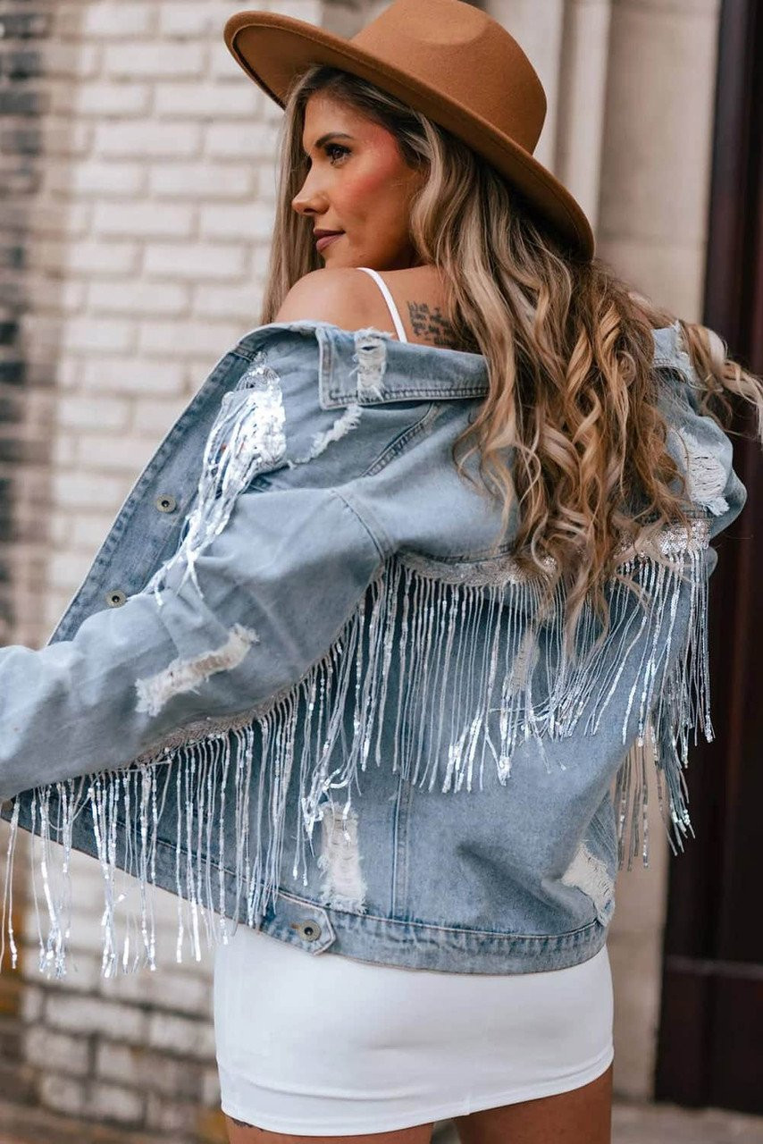 Sky Blue Sequin Embellished Fringe Distressed Denim Jacket Sky Blue Sequin Embellished Fringe Distressed Denim Jacket
