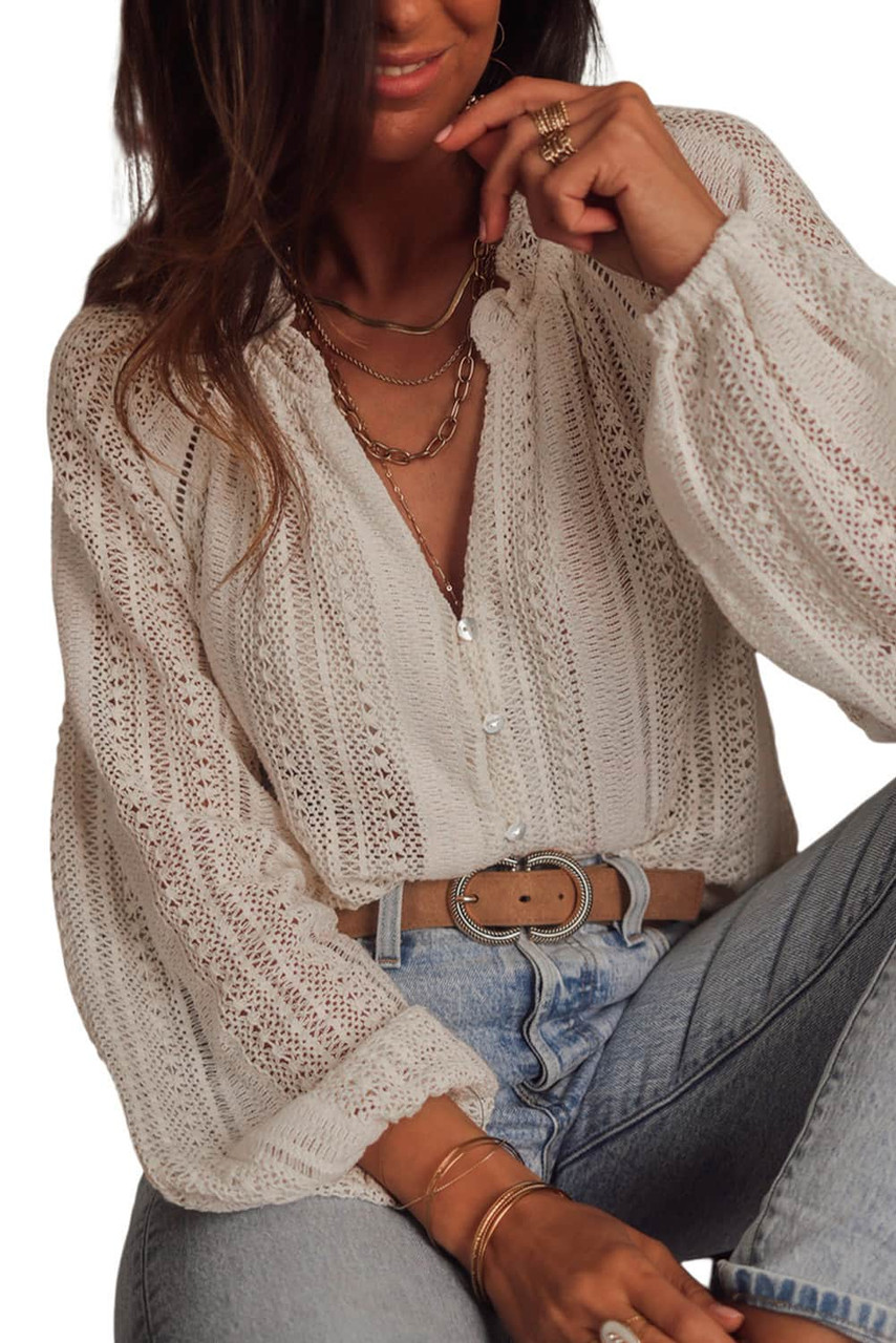White V-Neck Long Sleeve Button Up Lace Shirt