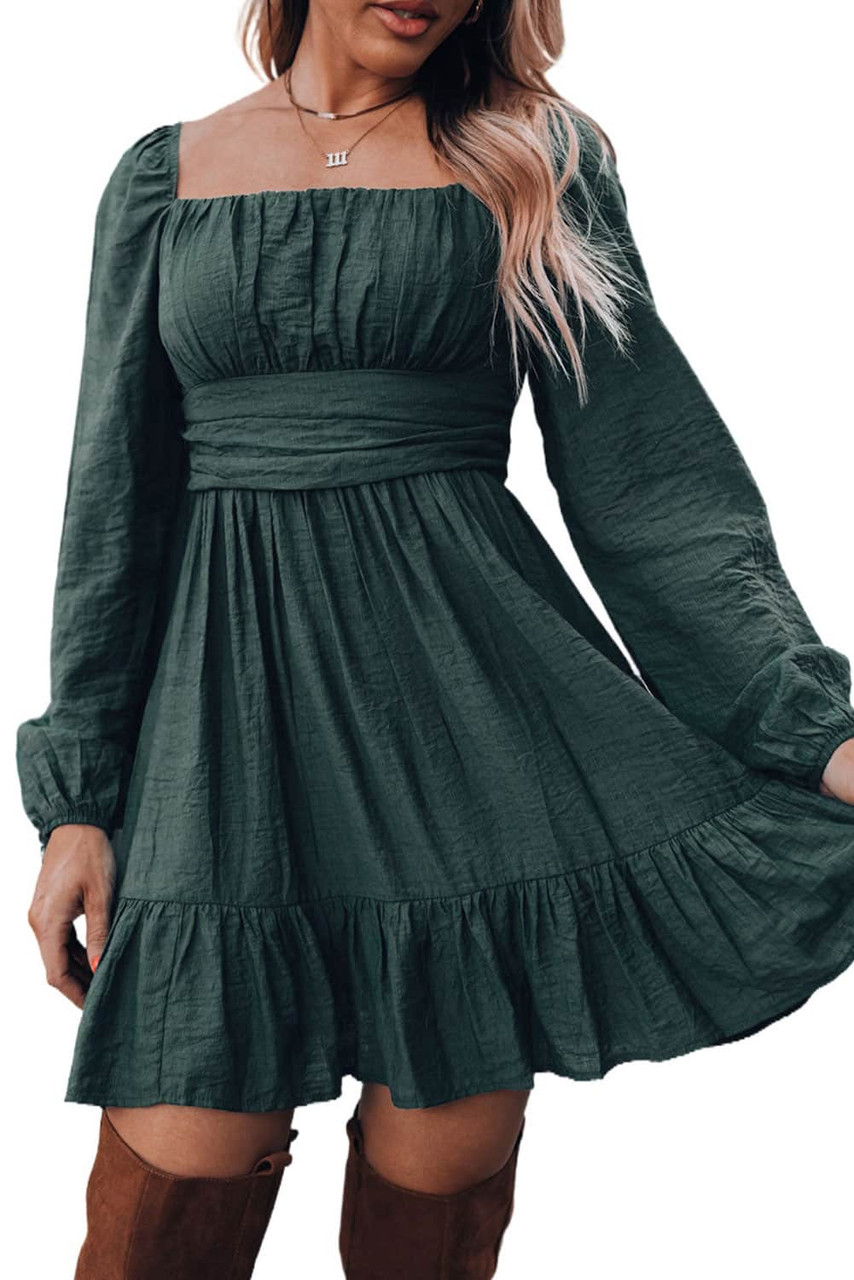 Green Ruched Square Neck Puff Sleeve Mini Dress