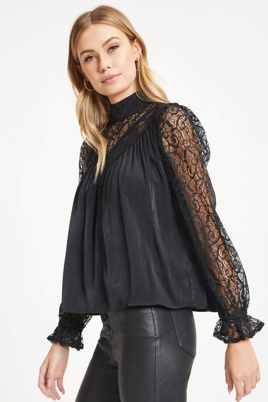 Black Mock Neck Lace Splicing Long Sleeve Blouse