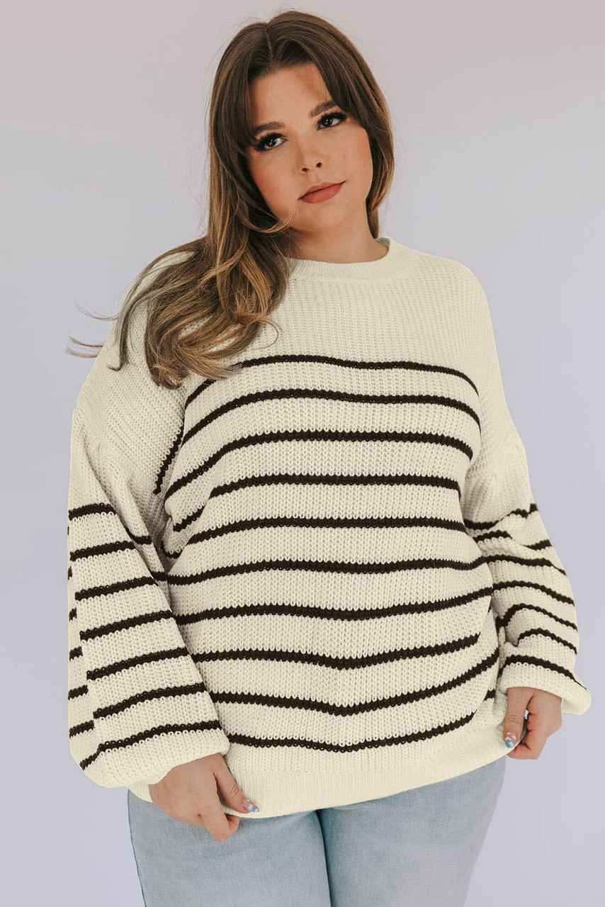 Khaki Plus Size Striped Drop Shoulder Puff Sleeve Sweater