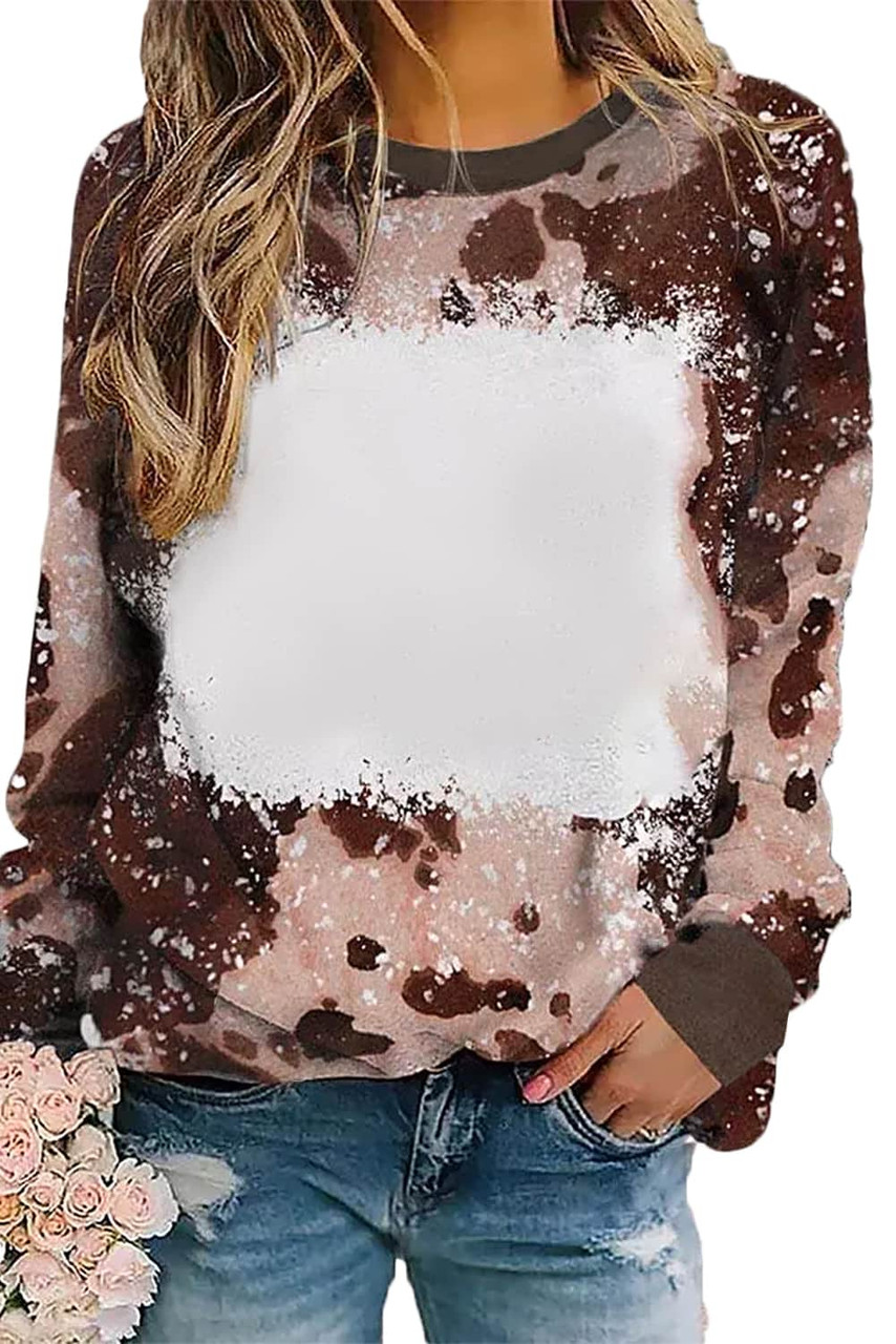 Brown Bleached Tie Dye Leopard Print Long Sleeve Top