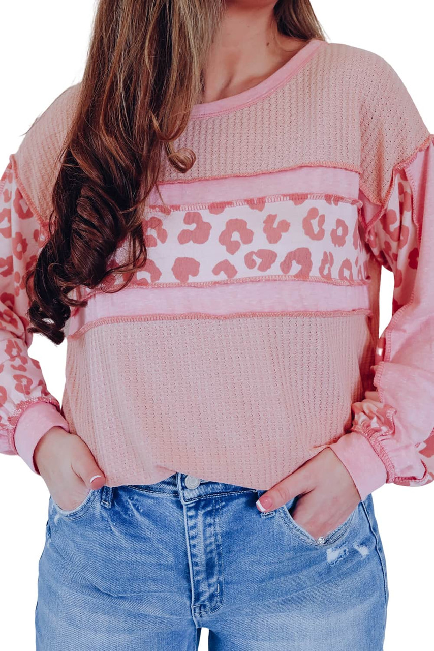 Pink Leopard Patchwork Exposed Seam Waffle Knit Top