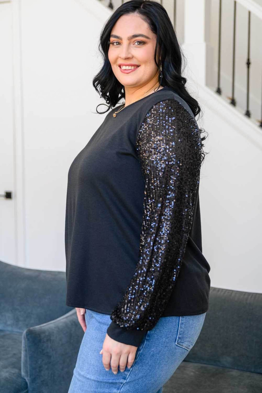 Black Sequin Contrast Long Sleeve Plus Size Top