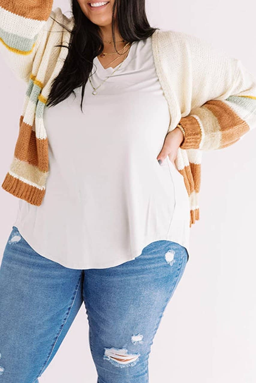 Beige Plus Size Striped Print Open Front Cardigan Beige Plus Size Striped Print Open Front Cardigan