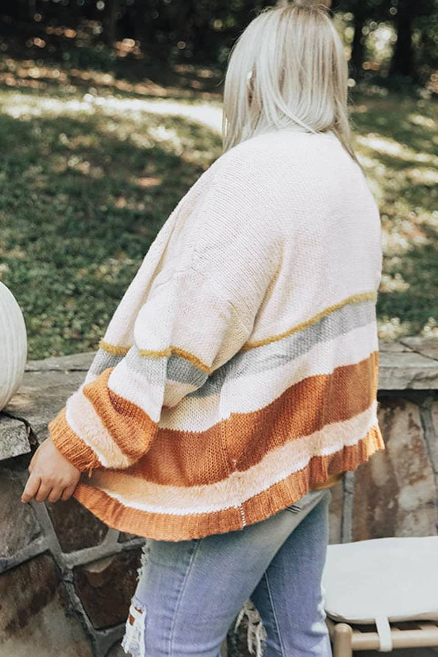 Beige Plus Size Striped Print Open Front Cardigan Beige Plus Size Striped Print Open Front Cardigan