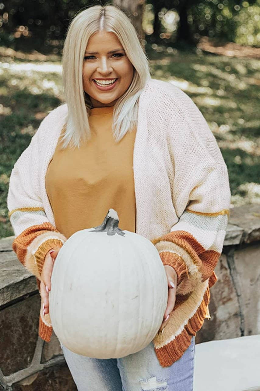 Beige Plus Size Striped Print Open Front Cardigan Beige Plus Size Striped Print Open Front Cardigan