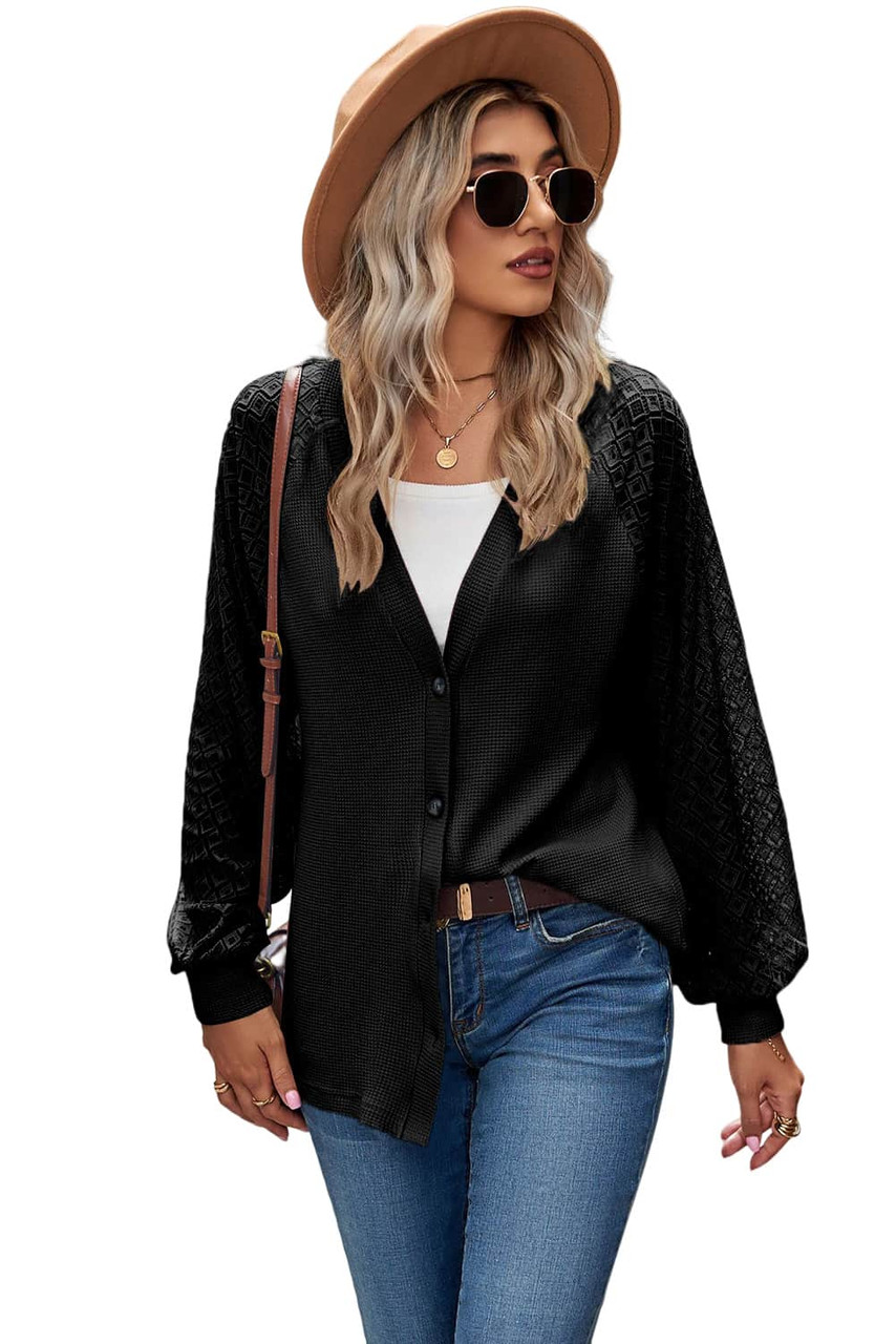 Black Waffled Knit Lace Long Sleeve Buttoned Cardigan