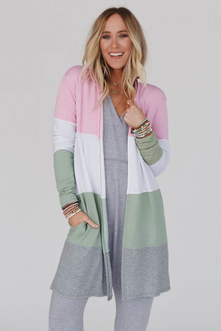 Multicolor Color Block Pocketed Casual Duster Cardigan