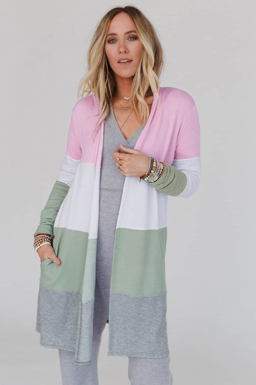 Multicolor Color Block Pocketed Casual Duster Cardigan