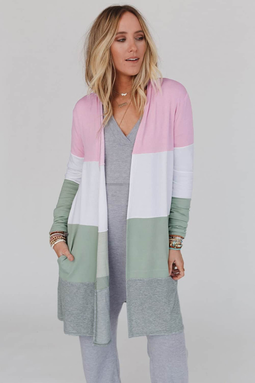 Multicolor Color Block Pocketed Casual Duster Cardigan