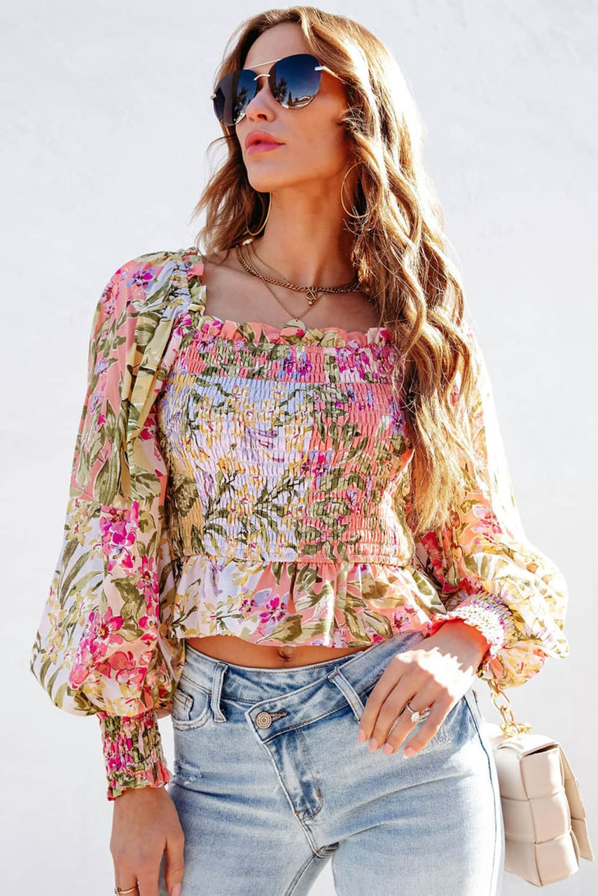 Multicolor Smocked Floral Frilled Trim Square Neck Blouse