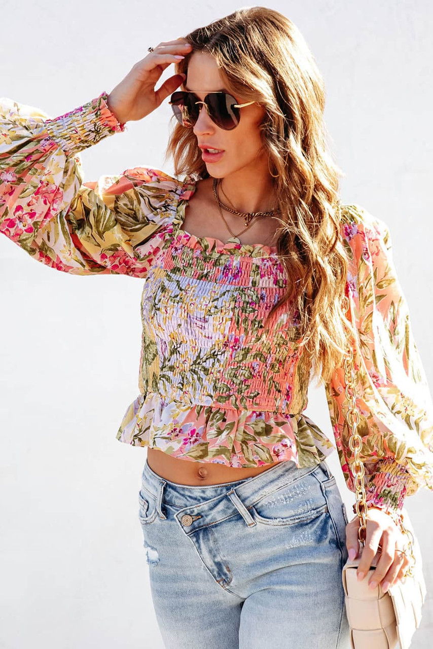 Multicolor Smocked Floral Frilled Trim Square Neck Blouse