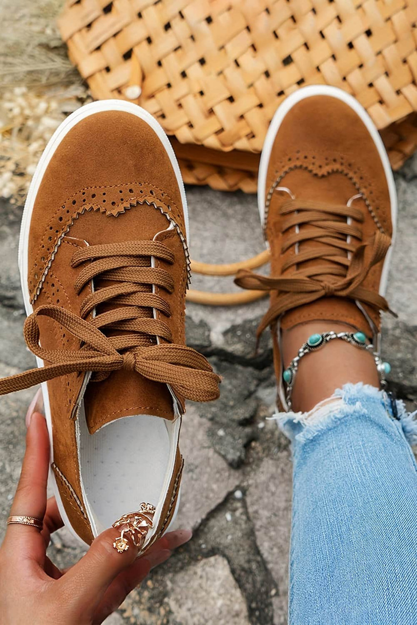 Chestnut Suede Eyelet Lace-Up Casual Sneakers