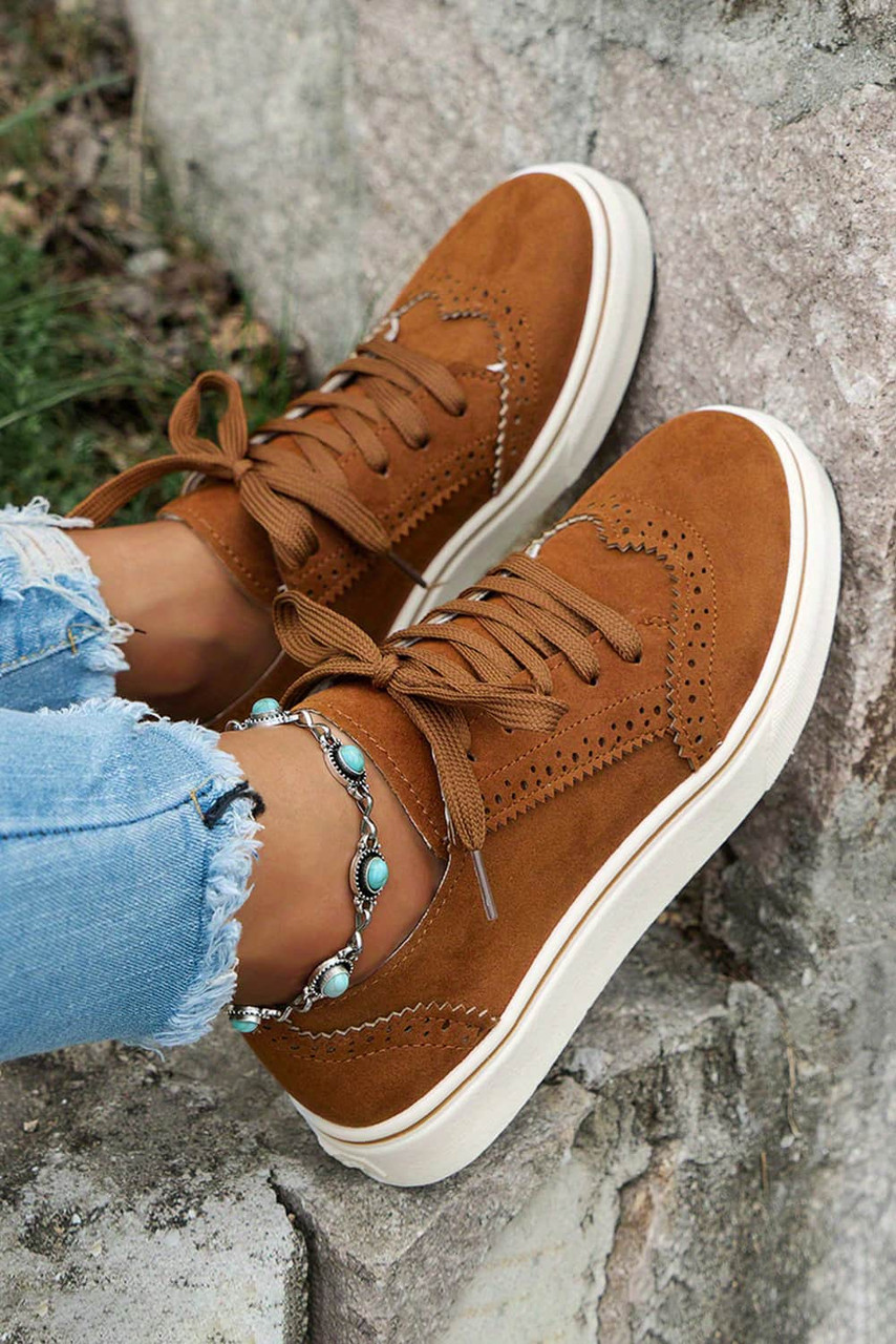 Chestnut Suede Eyelet Lace-Up Casual Sneakers