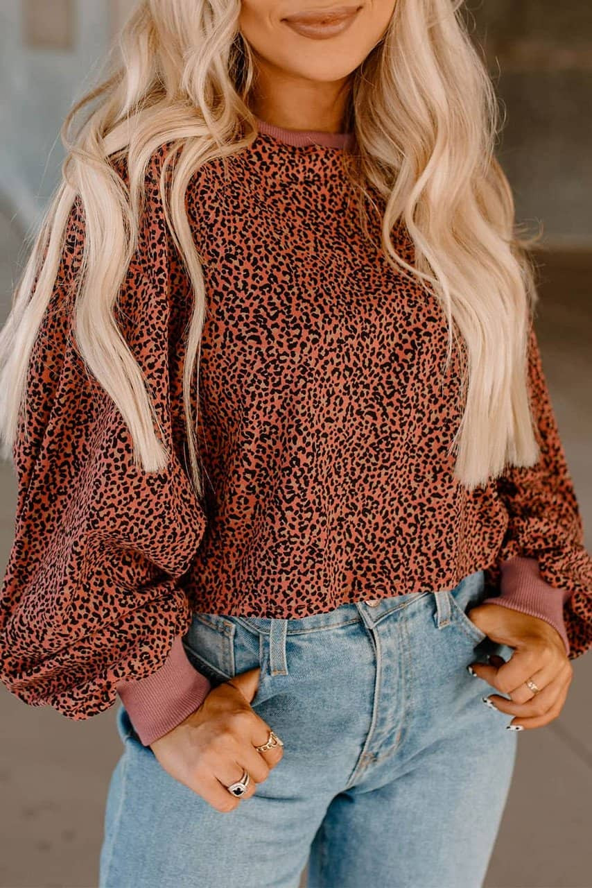 Vintage Leopard Bubble Sleeve Pullover Sweatshirt