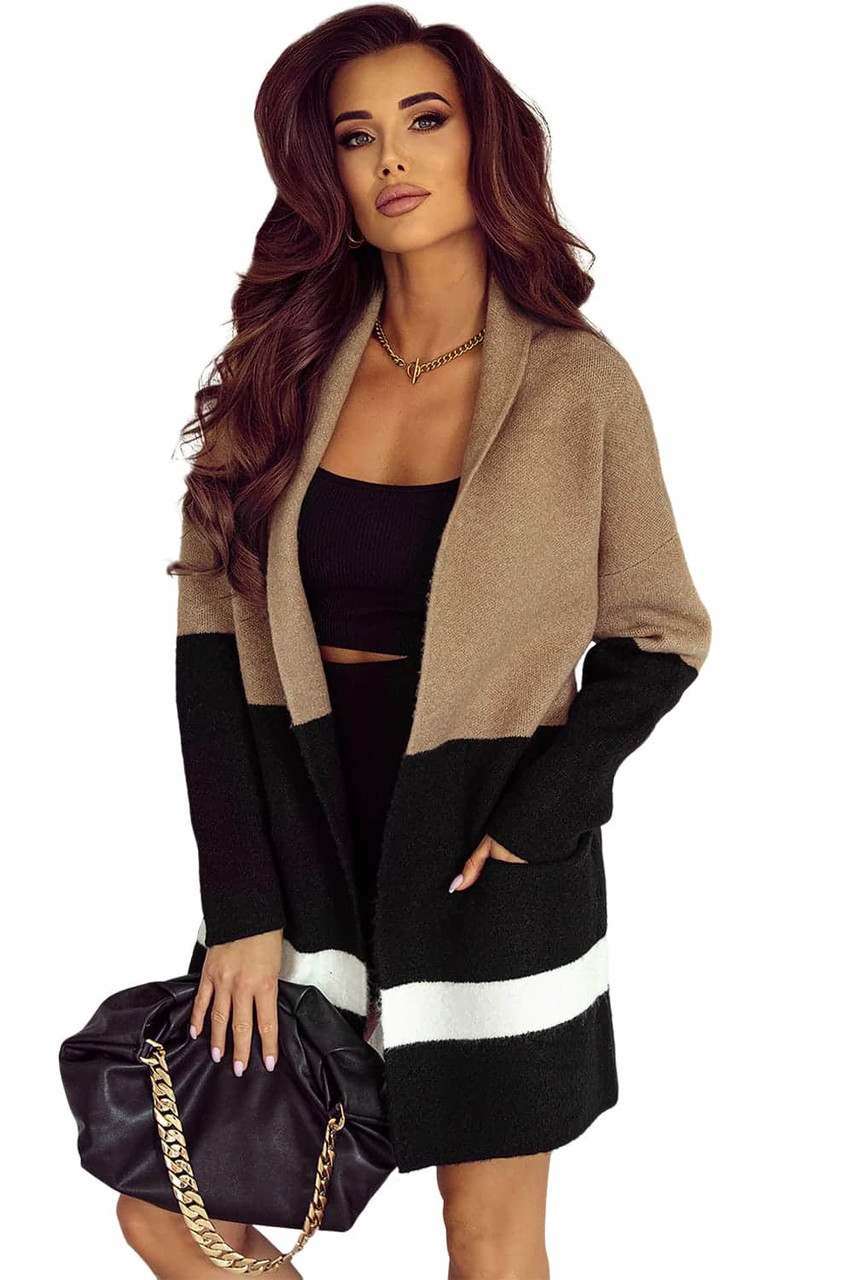 Brown Gingerbread Latte Colorblock Pocketed Cardigan