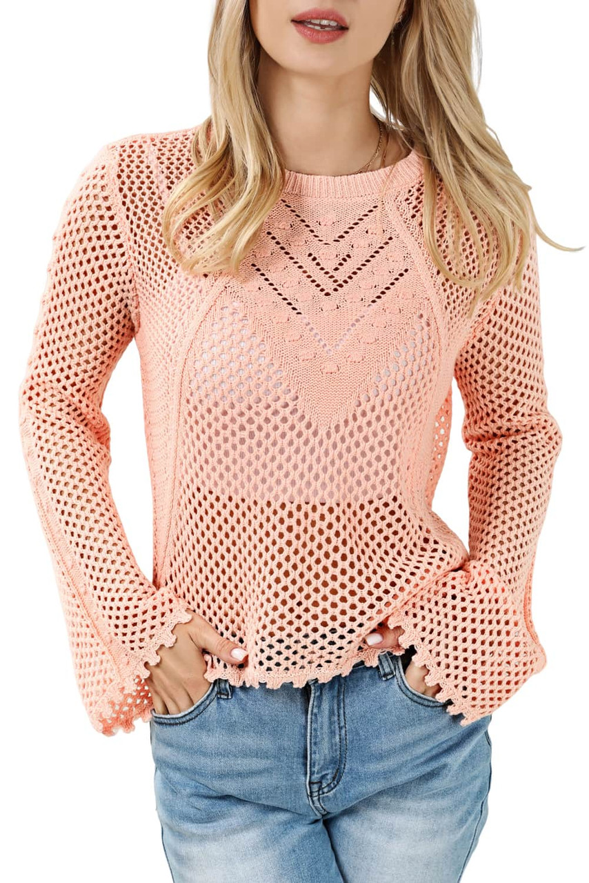 Pink Hollowed Eyelets Knit Bell Sleeve Sweater