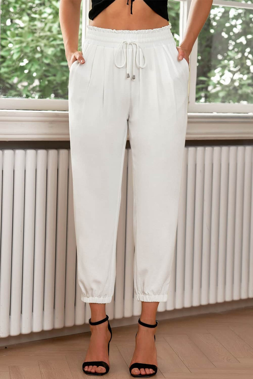 White Solid Color Drawstring Smocked Waist Joggers