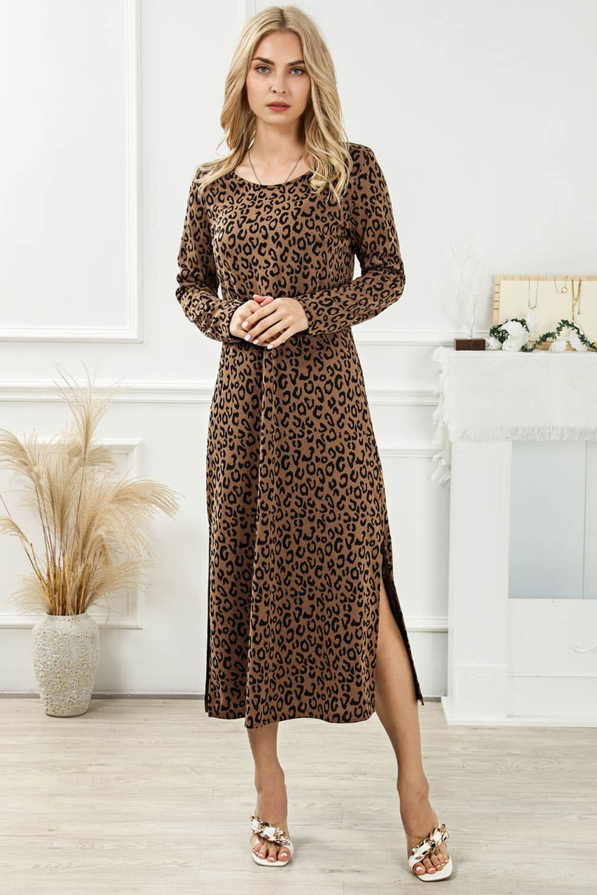 Leopard Round Neck Long Sleeve Split Dress