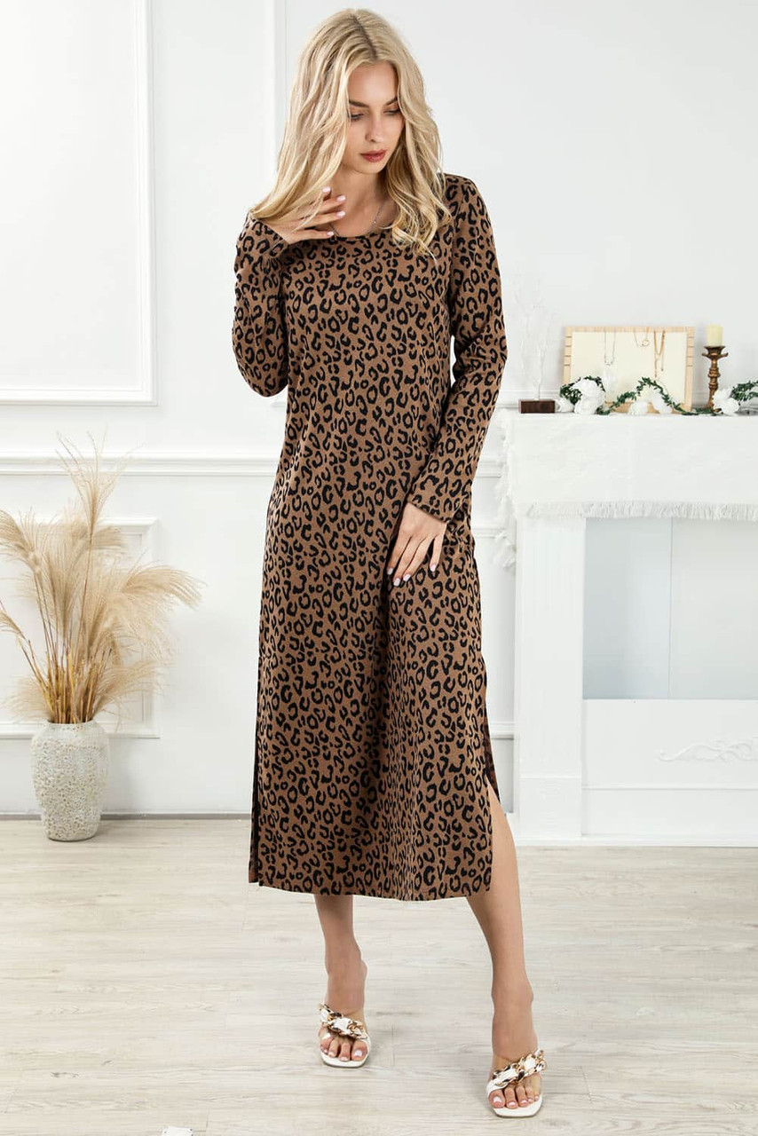 Leopard Round Neck Long Sleeve Split Dress