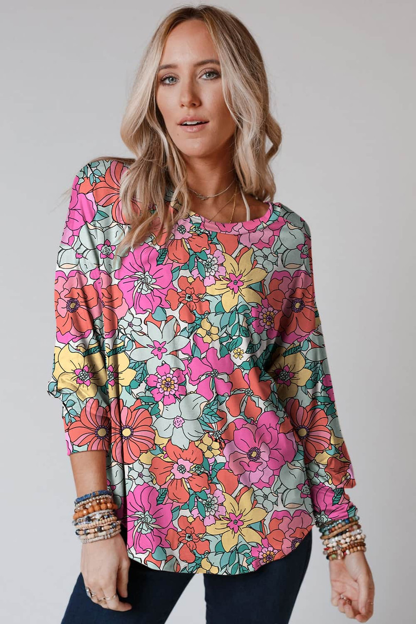 Multicolor Twisted Hollow-out Back Floral Long Sleeve Top