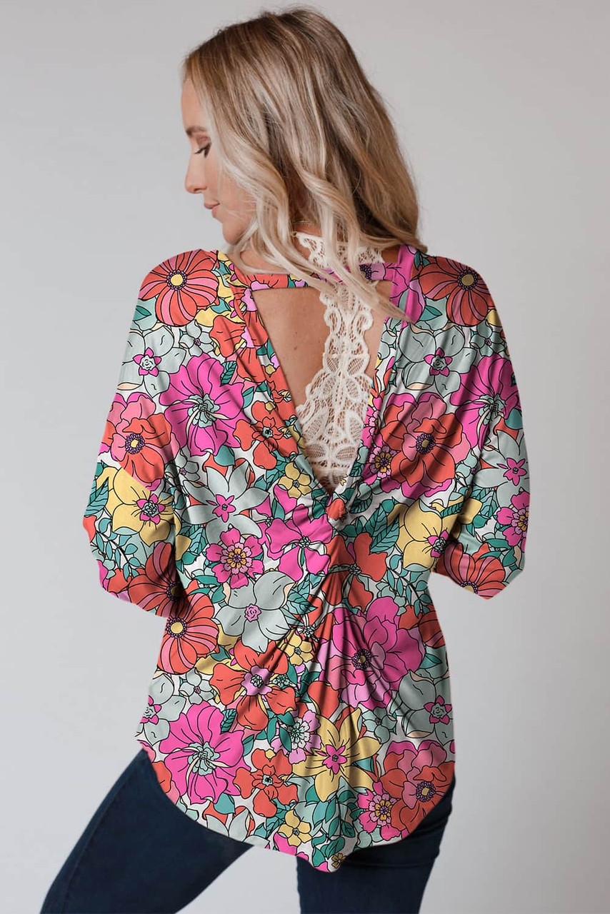 Multicolor Twisted Hollow-out Back Floral Long Sleeve Top