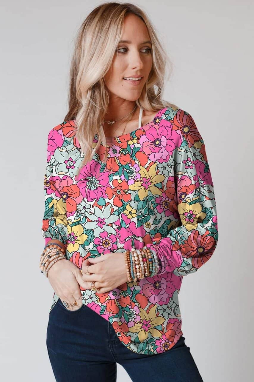 Multicolor Twisted Hollow-out Back Floral Long Sleeve Top