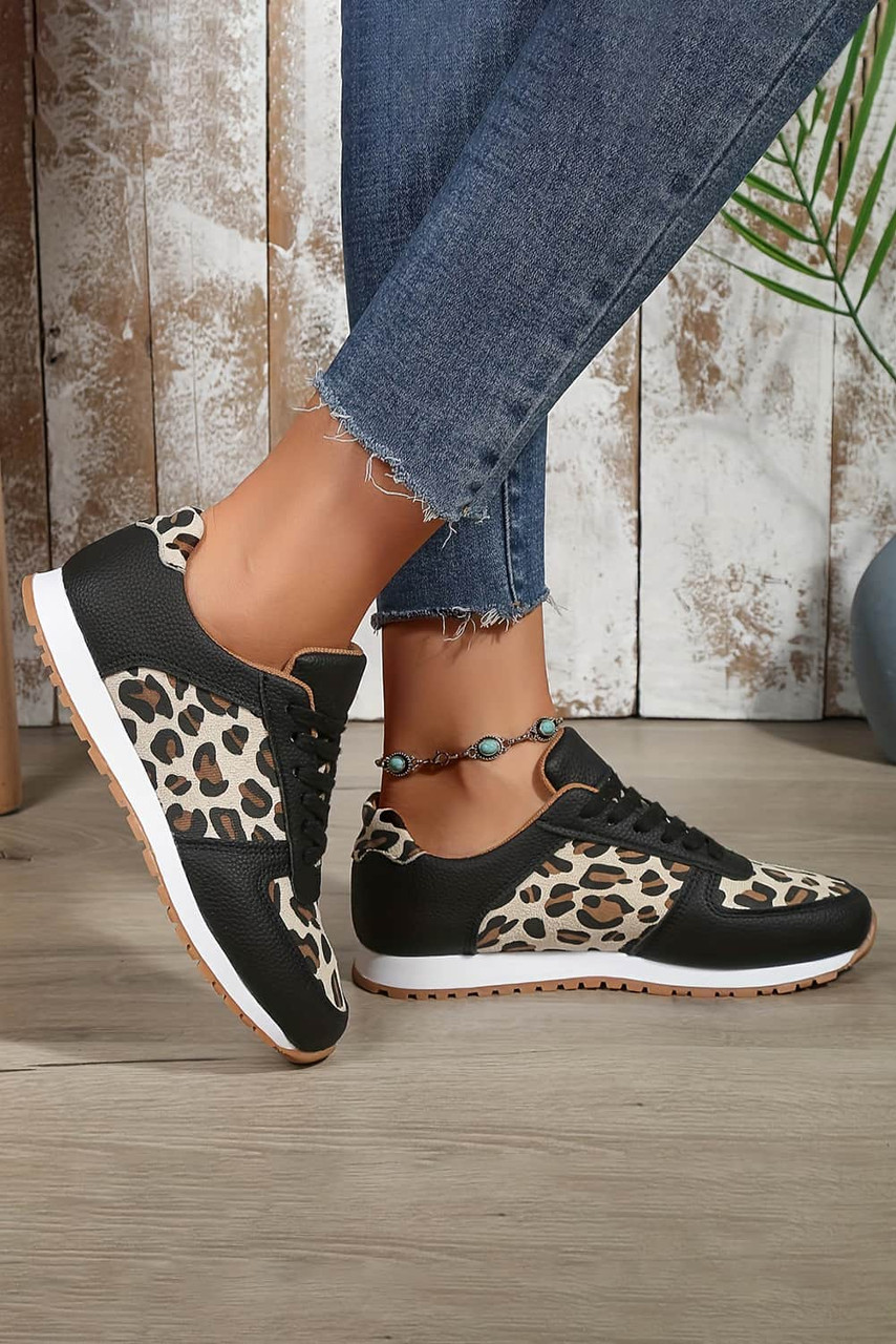 Black Casual Leopard PU Patchwork Lace up Sneakers