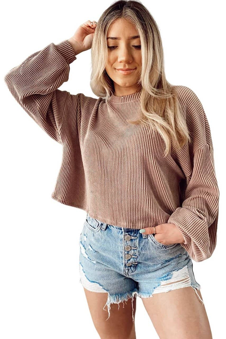 Khaki Cording Drop Shoulder Puff Sleeve Casual Blouse Khaki Cording Drop Shoulder Puff Sleeve Casual Blouse