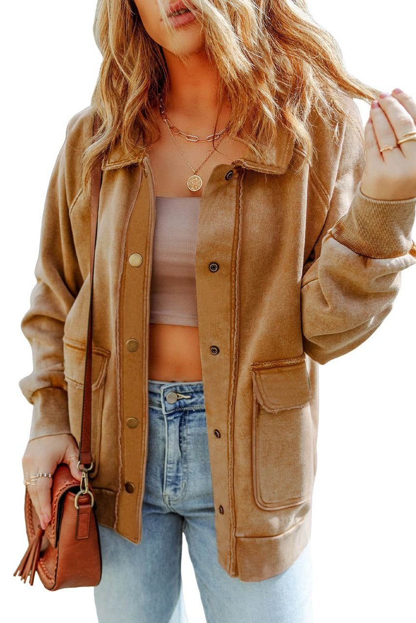 Khaki Vintage Washed Flap Pocket Button Shacket Khaki Vintage Washed Flap Pocket Button Shacket