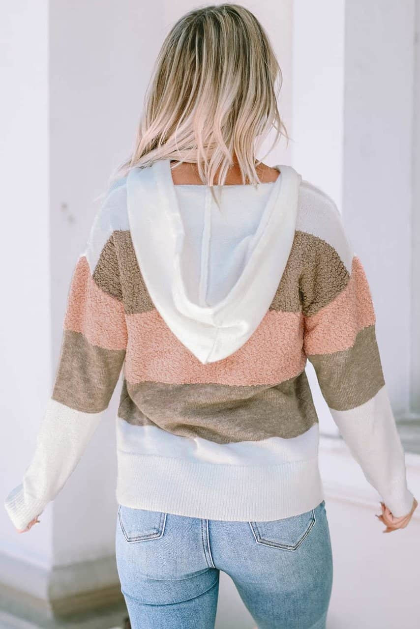 Pink Color Block Knitted Drawstring Hooded Sweater Pink Color Block Knitted Drawstring Hooded Sweater