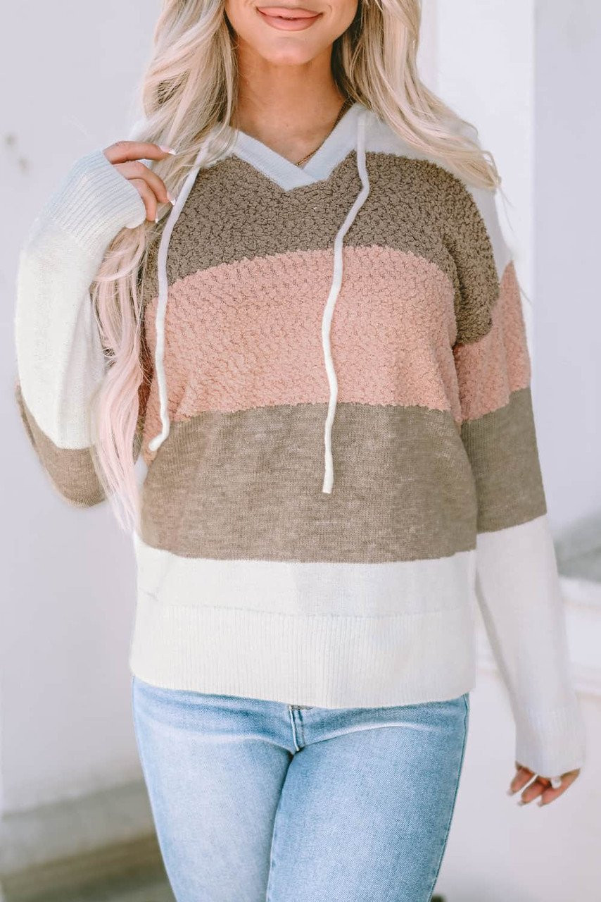 Pink Color Block Knitted Drawstring Hooded Sweater Pink Color Block Knitted Drawstring Hooded Sweater
