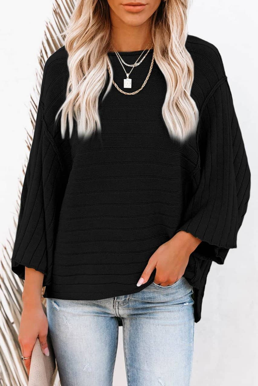 Black Exposed Seam Ribbed Knit Dolman Top Black Exposed Seam Ribbed Knit Dolman Top