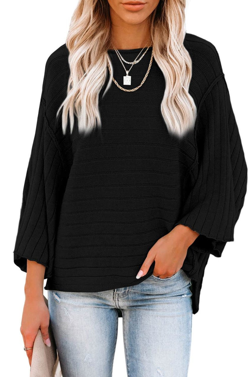 Black Exposed Seam Ribbed Knit Dolman Top Black Exposed Seam Ribbed Knit Dolman Top